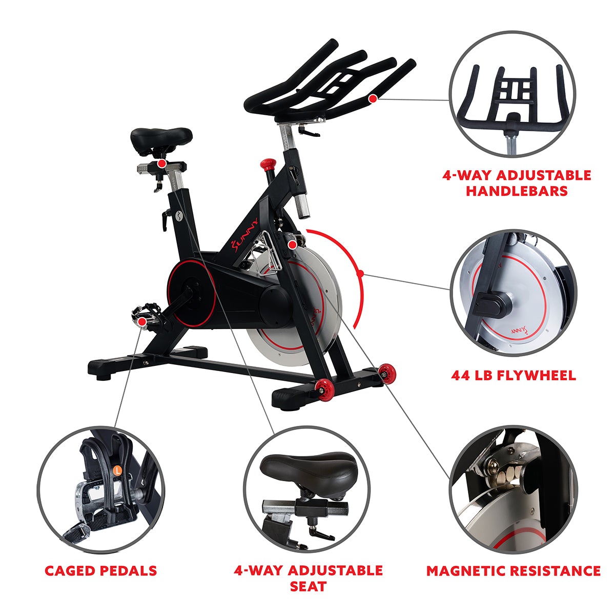 Sunny Health & Fitness Magnetic Belt Drive Indoor Cycling Bike with 44 lb Flywheel and Large Device Holder