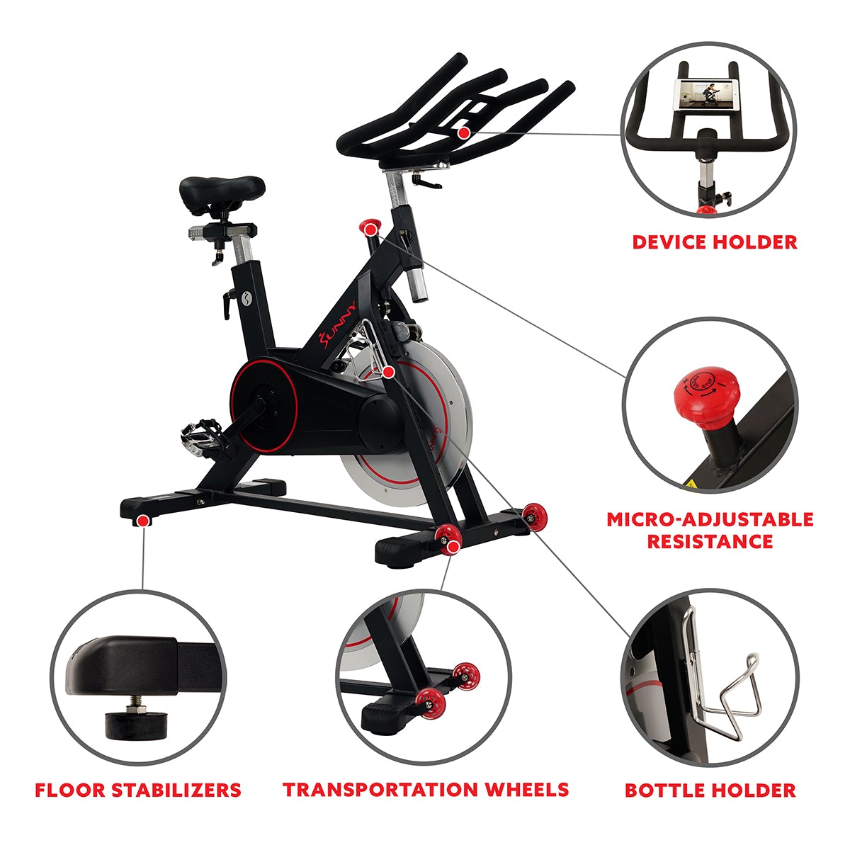 Sunny Health & Fitness Magnetic Belt Drive Indoor Cycling Bike with 44 lb Flywheel and Large Device Holder