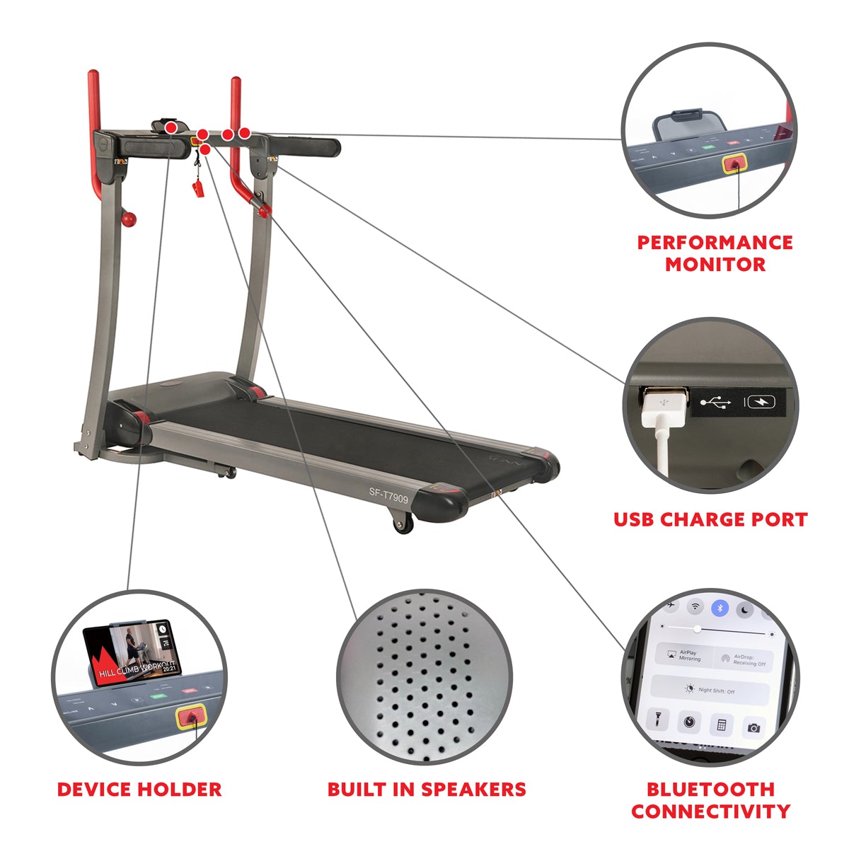 Sunny Health & Fitness Incline Treadmill with Bluetooth Speakers and USB Charging Function